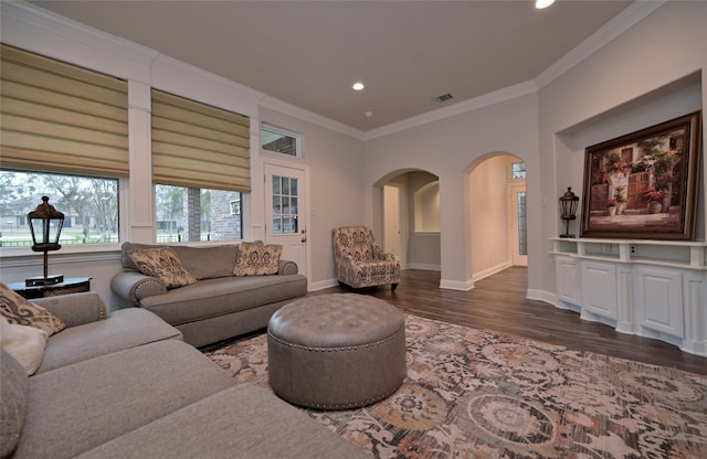 living room featuring crown molding and dark wood-type flooring