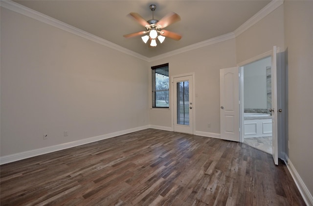 unfurnished room featuring crown molding, ceiling fan, and dark hardwood / wood-style flooring