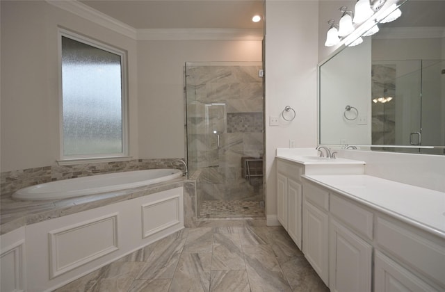 bathroom featuring a notable chandelier, ornamental molding, separate shower and tub, and vanity