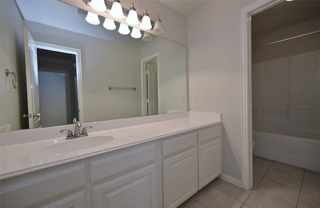 full bathroom featuring shower / tub combination, vanity, toilet, and tile patterned flooring