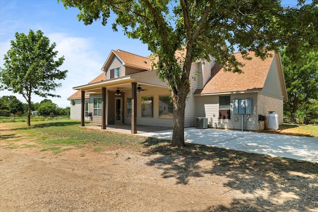 back of property featuring a patio area, ceiling fan, and central air condition unit