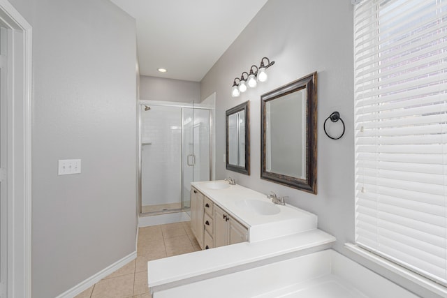 bathroom featuring tile patterned flooring, vanity, and a shower with shower door