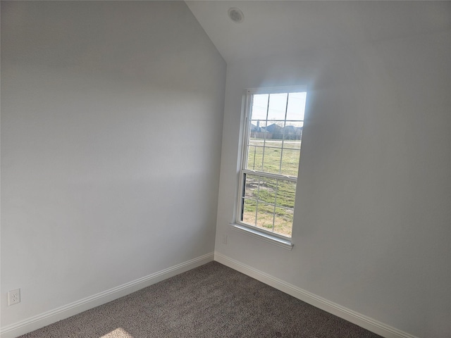 empty room with vaulted ceiling, plenty of natural light, and carpet