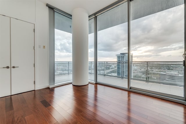 spare room with a wall of windows, a city view, and wood finished floors