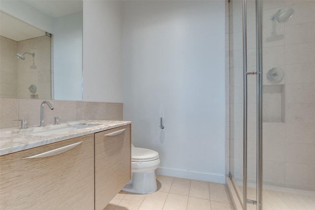 bathroom with decorative backsplash, tile patterned flooring, vanity, walk in shower, and toilet