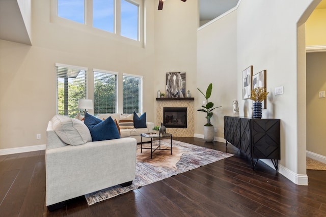 living room with dark hardwood / wood-style flooring