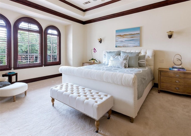 carpeted bedroom with crown molding