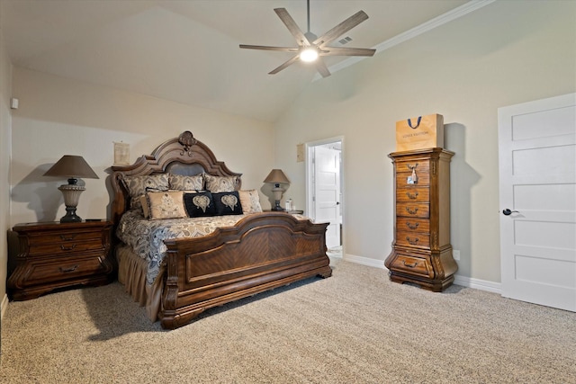 carpeted bedroom with ceiling fan and lofted ceiling