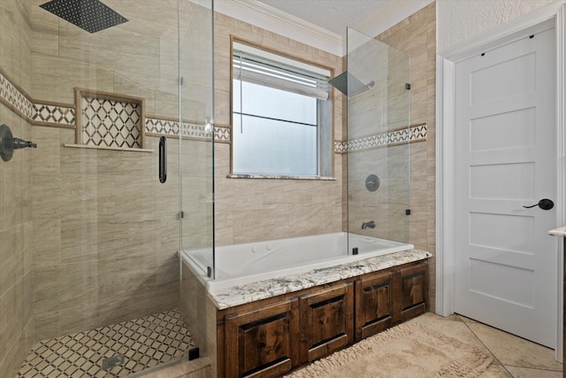 bathroom with crown molding and separate shower and tub