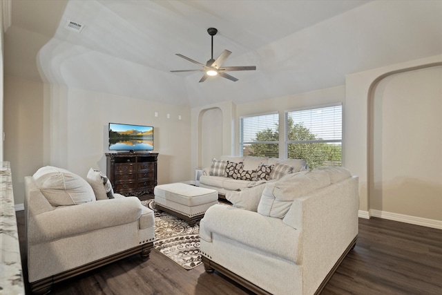 5401 Loftsmoor Ct, Fort Worth, TX 76244 - living room with dark wood-style flooring, ceiling fan, baseboards, and lofted ceiling