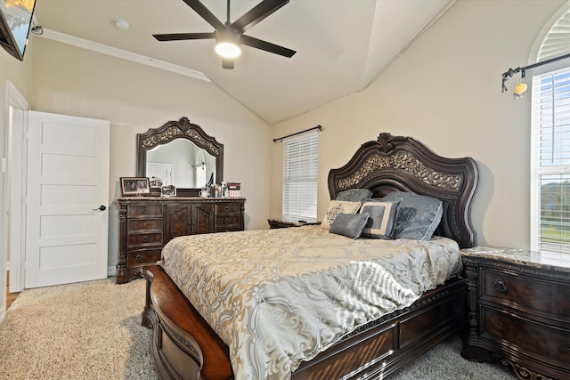 bedroom featuring crown molding, ceiling fan, lofted ceiling, and carpet flooring