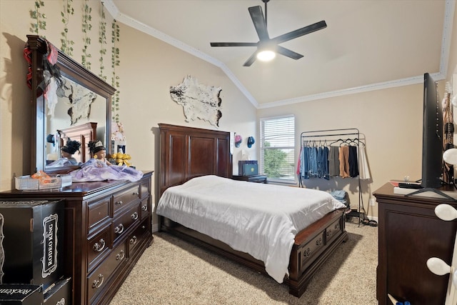5401 Loftsmoor Ct, Fort Worth, TX 76244 - bedroom with ornamental molding, vaulted ceiling, light carpet, and ceiling fan