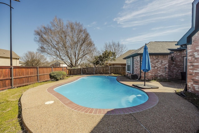 view of swimming pool featuring a patio area, a fenced backyard, and a fenced in pool