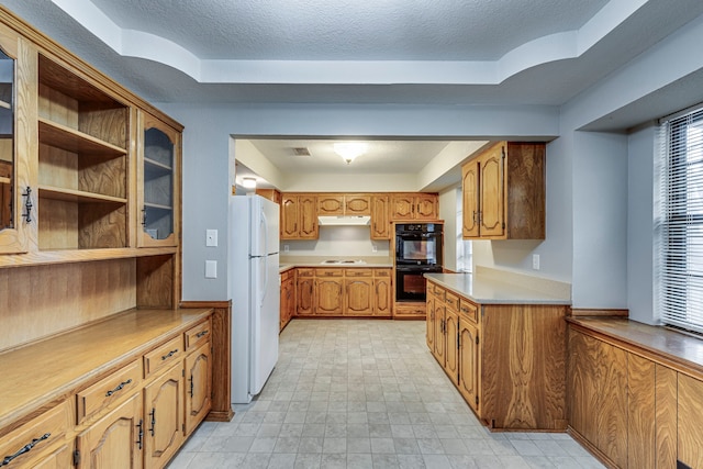 kitchen with white appliances, a tray ceiling, and a textured ceiling