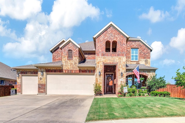 view of front of home with a garage, stone siding, fence, a front lawn, and brick siding