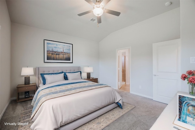 bedroom with baseboards, visible vents, lofted ceiling, ceiling fan, and carpet flooring