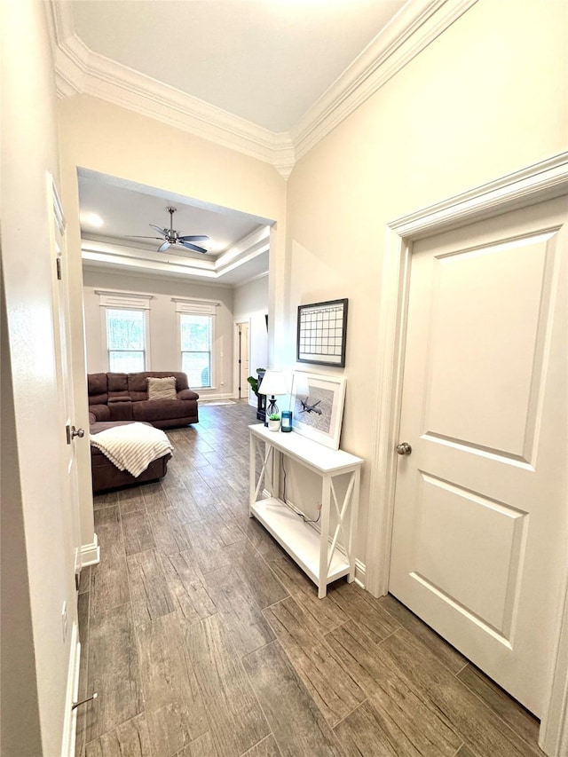 hallway with crown molding and a tray ceiling