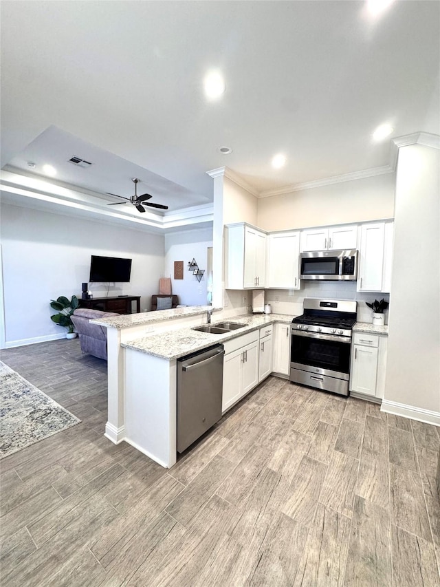 kitchen featuring stainless steel appliances, white cabinetry, sink, and kitchen peninsula