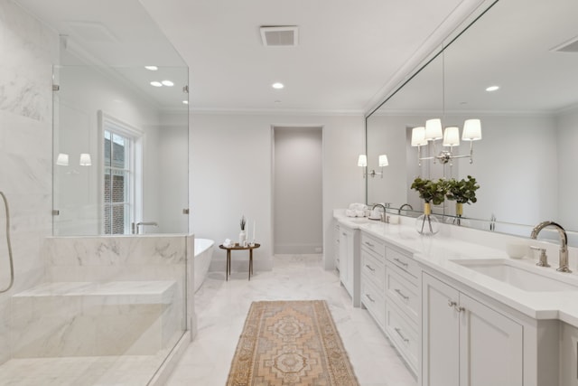 bathroom with ornamental molding, vanity, and separate shower and tub