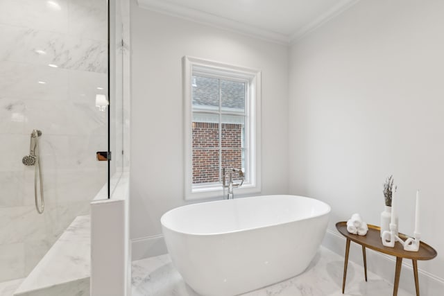 bathroom with independent shower and bath and ornamental molding