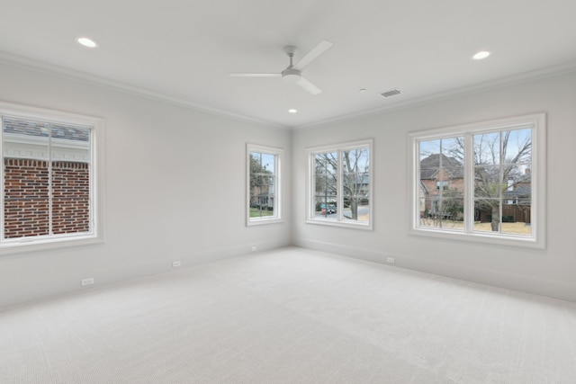 spare room with ceiling fan, ornamental molding, and carpet floors