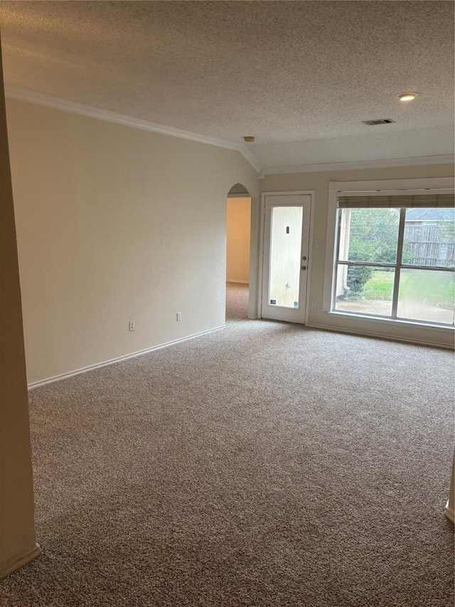 spare room with crown molding, carpet floors, and a textured ceiling