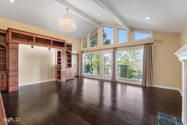 unfurnished living room featuring an inviting chandelier, high vaulted ceiling, dark hardwood / wood-style floors, a high end fireplace, and beamed ceiling