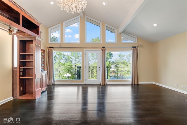 unfurnished living room with an inviting chandelier, dark hardwood / wood-style flooring, high vaulted ceiling, and beam ceiling