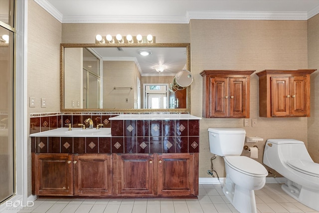 bathroom featuring a shower with door, ornamental molding, and toilet