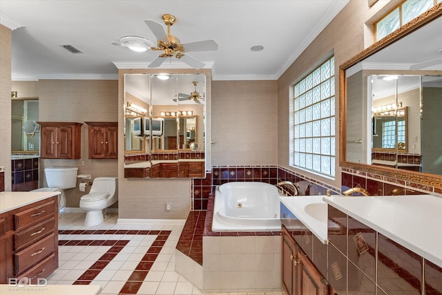 bathroom with a relaxing tiled tub, ornamental molding, tile patterned floors, and toilet