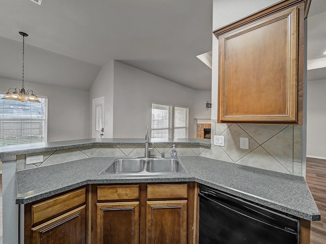 821 Grace Ln, Saginaw, TX 76179 - kitchen with dishwasher, a sink, a chandelier, lofted ceiling, and wood finished floors