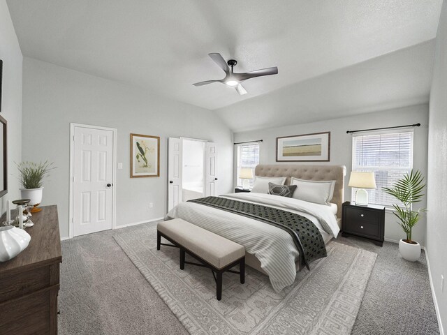 821 Grace Ln, Saginaw, TX 76179 - bedroom featuring carpet, multiple windows, lofted ceiling, baseboards, and ceiling fan