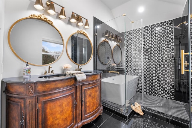 bathroom with vanity, tile patterned floors, and plus walk in shower