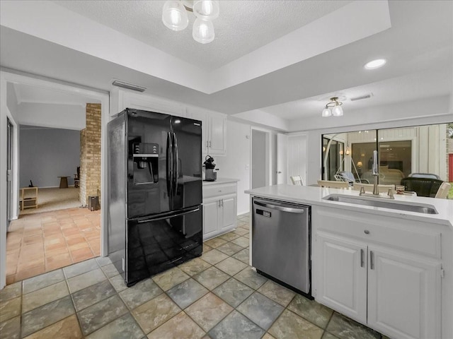 kitchen featuring sink, dishwasher, white cabinets, a textured ceiling, and black refrigerator with ice dispenser