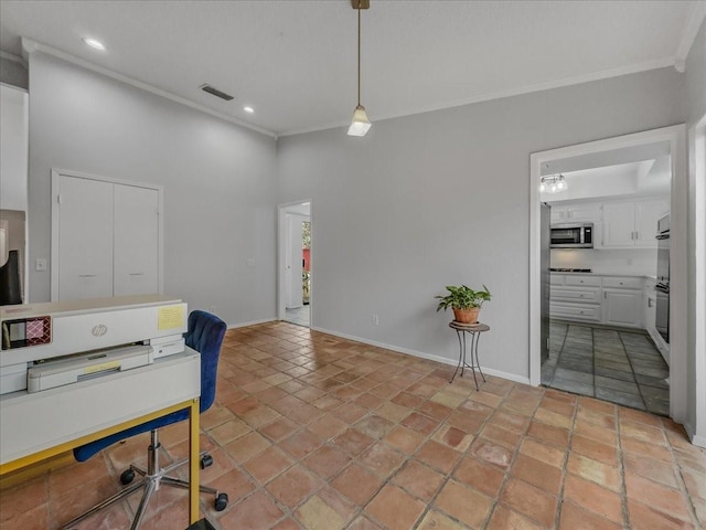 home office featuring crown molding and light tile patterned floors