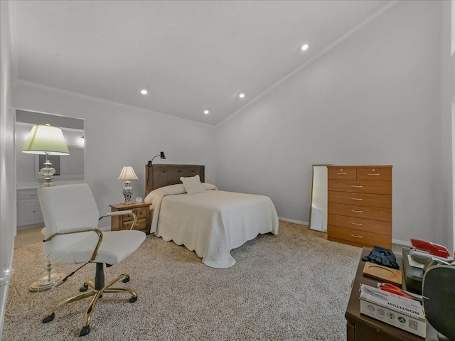 carpeted bedroom with vaulted ceiling