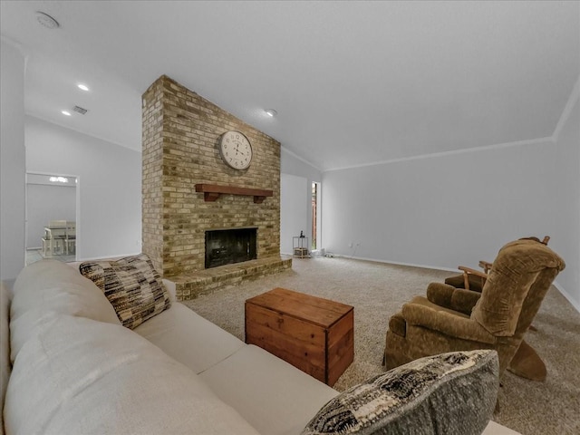 living room with carpet floors, a brick fireplace, and vaulted ceiling