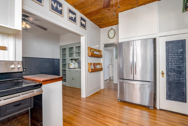 kitchen featuring wood counters, white cabinets, ceiling fan, wood ceiling, and stainless steel appliances