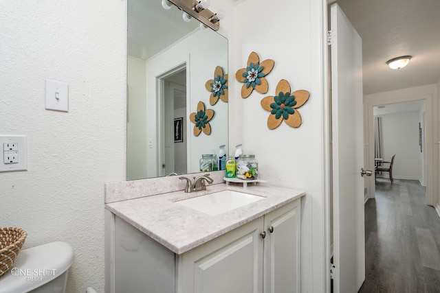 bathroom with vanity, hardwood / wood-style floors, and toilet