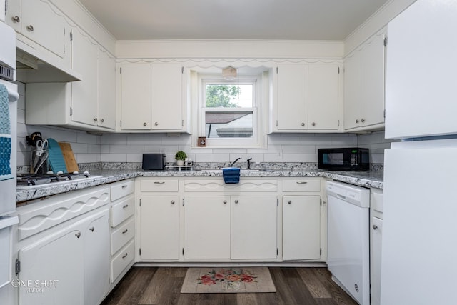 kitchen with white cabinetry, dark hardwood / wood-style flooring, and white appliances