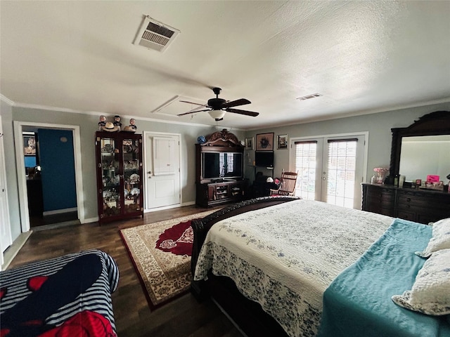 bedroom with dark hardwood / wood-style flooring, ornamental molding, access to exterior, ceiling fan, and french doors