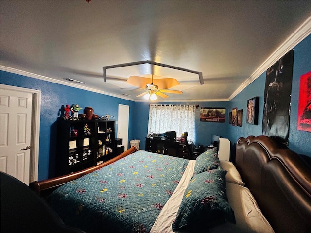 bedroom with ornamental molding and ceiling fan