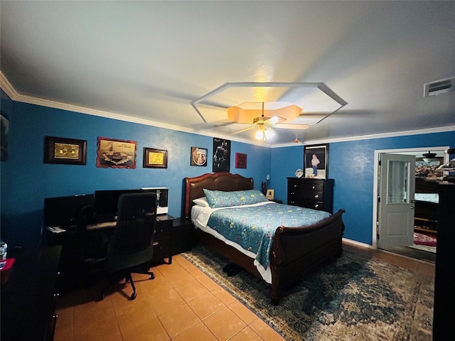 bedroom featuring crown molding, ceiling fan, and tile patterned floors