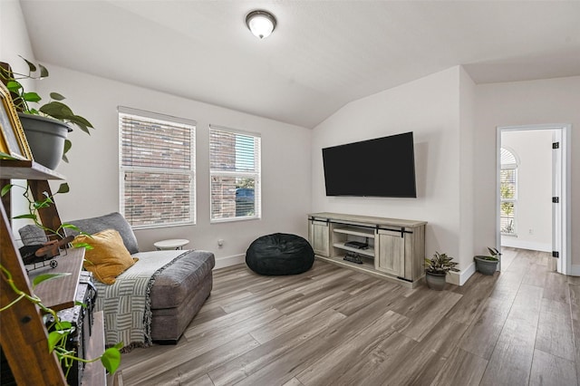 sitting room with wood-type flooring and vaulted ceiling