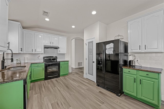 kitchen featuring black appliances, sink, light hardwood / wood-style flooring, and white cabinets