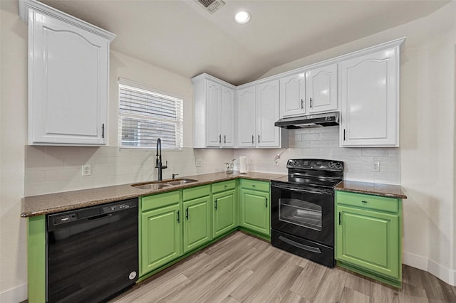 kitchen with lofted ceiling, sink, white cabinets, light hardwood / wood-style floors, and black appliances