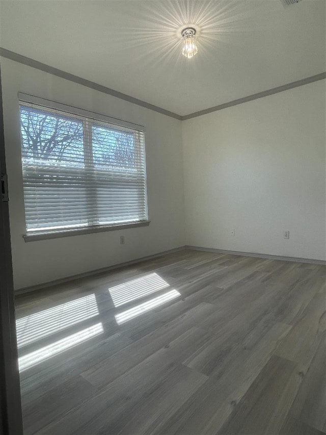 spare room featuring hardwood / wood-style flooring and ornamental molding