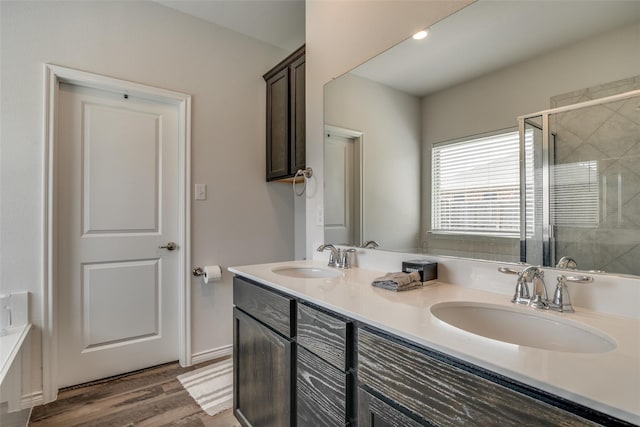 bathroom with vanity, wood-type flooring, and an enclosed shower