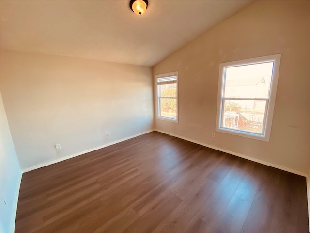 empty room with lofted ceiling and wood-type flooring