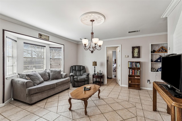 living area with a chandelier, visible vents, crown molding, and light tile patterned floors